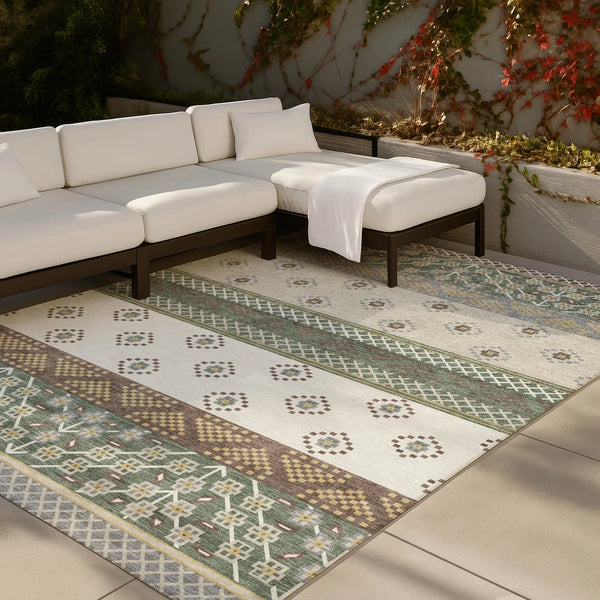 8' X 10' Green And Copper Striped Washable Indoor Outdoor Area Rug Homeroots Outdoor