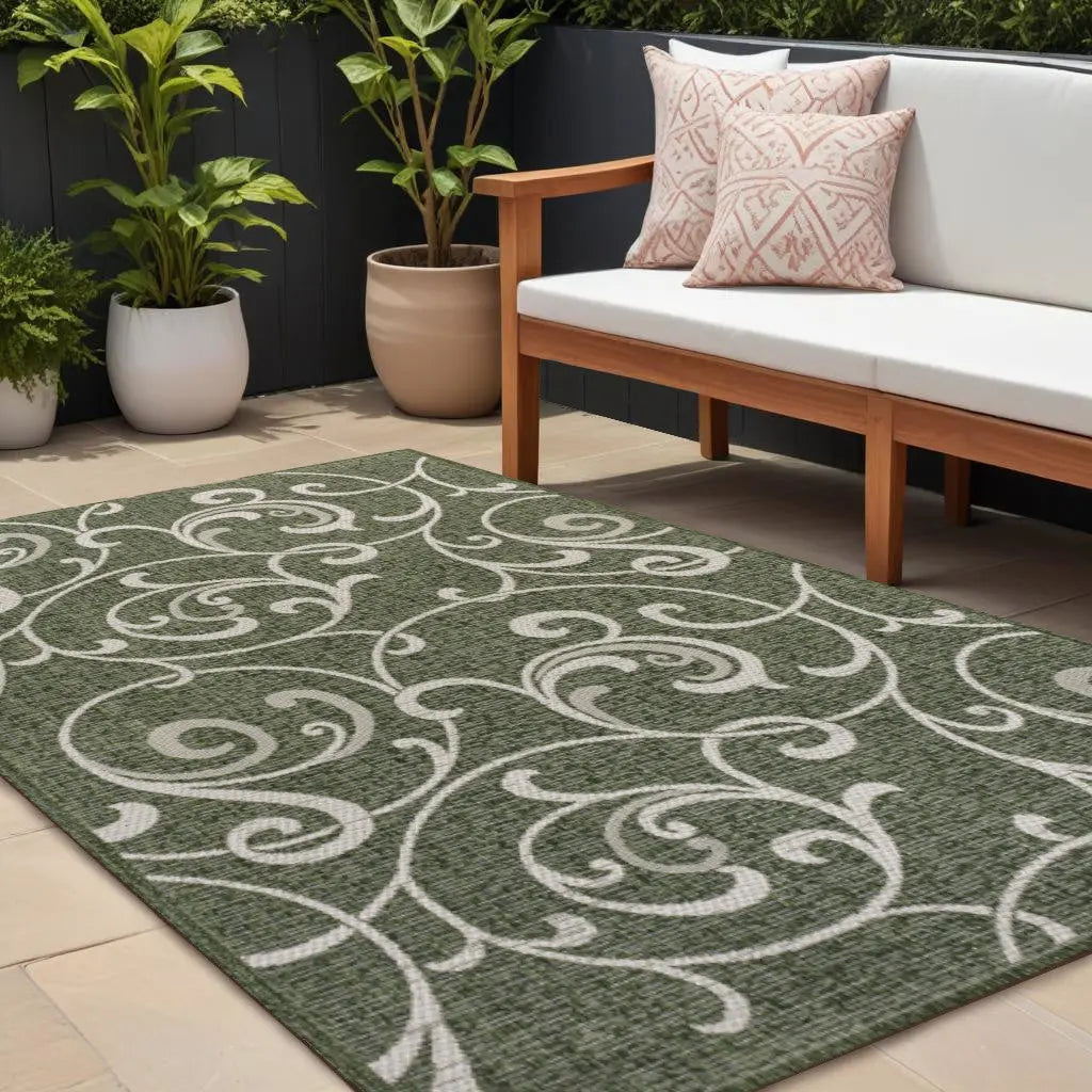 8' X 10' Green And Cream Floral Indoor Outdoor Area Rug Homeroots Outdoor