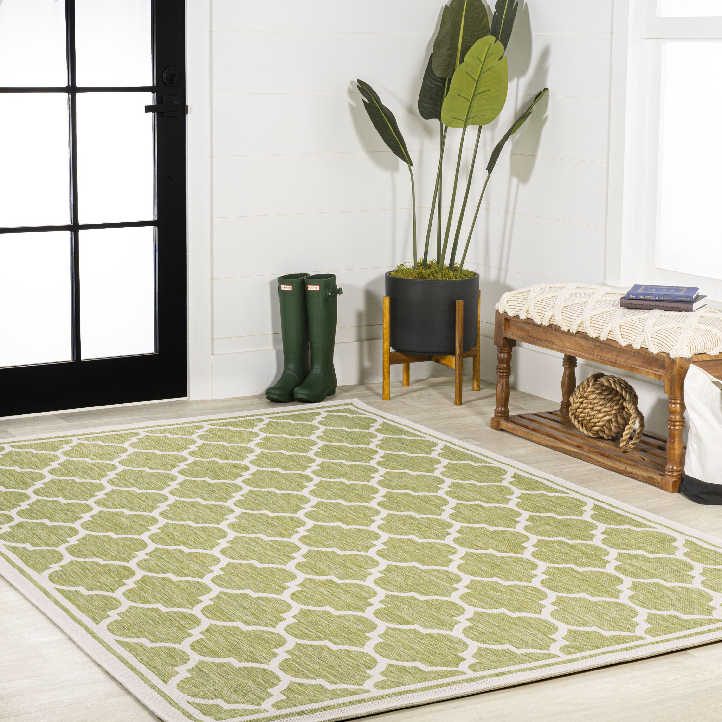 8' X 10' Green And Cream Geometric Indoor Outdoor Area Rug Homeroots Outdoor