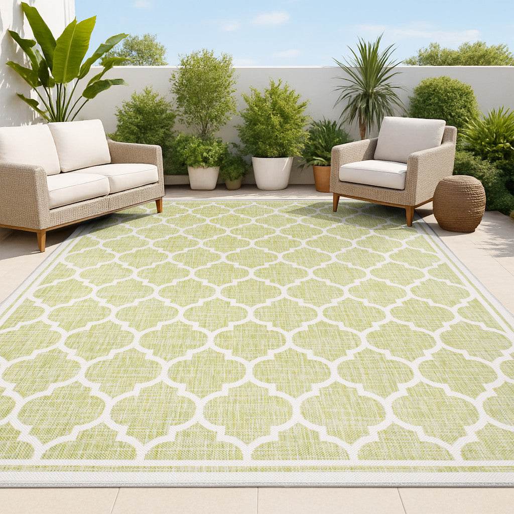 8' X 10' Green And Cream Geometric Indoor Outdoor Area Rug Homeroots Outdoor