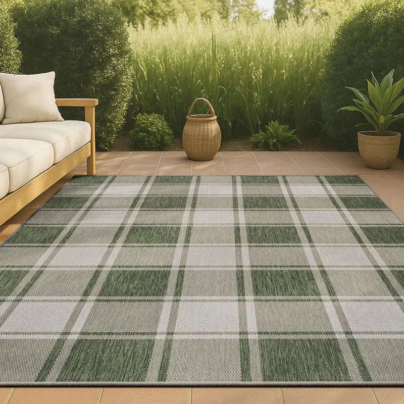 8' X 10' Green And Cream Gingham Indoor Outdoor Area Rug - GreatEagleInc
