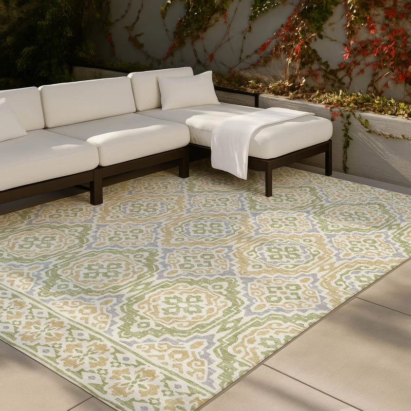 8' X 10' Green And Denim Blue Tribal Washable Indoor Outdoor Area Rug Homeroots Outdoor