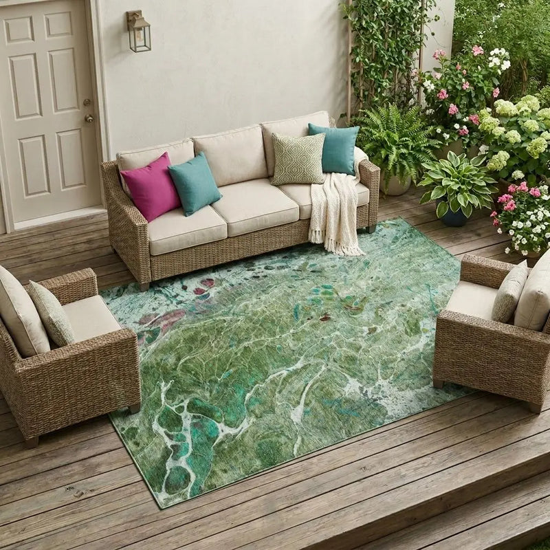 8' X 10' Green And Fern Green Abstract Washable Indoor Outdoor Area Rug Homeroots Outdoor