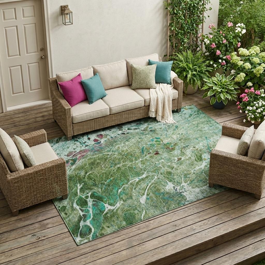 8' X 10' Green And Fern Green Abstract Washable Indoor Outdoor Area Rug Homeroots Outdoor