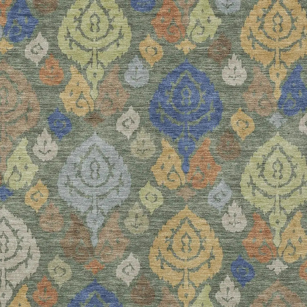 8' X 10' Green And Gold Damask Washable Indoor Outdoor Area Rug Homeroots Outdoor