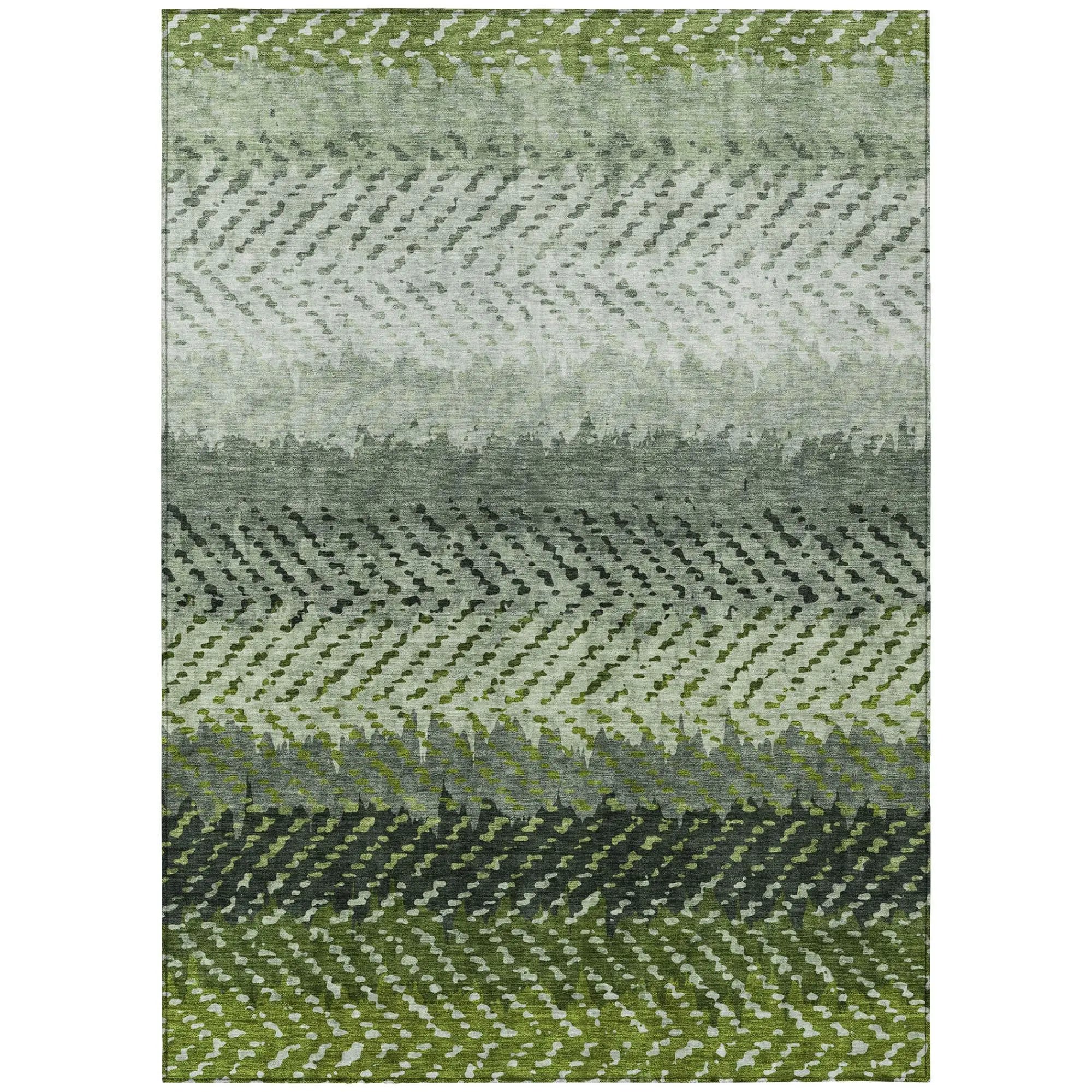 Green ombre area rug featuring textured wave patterns, made from soft, durable synthetic fibers for modern decor.