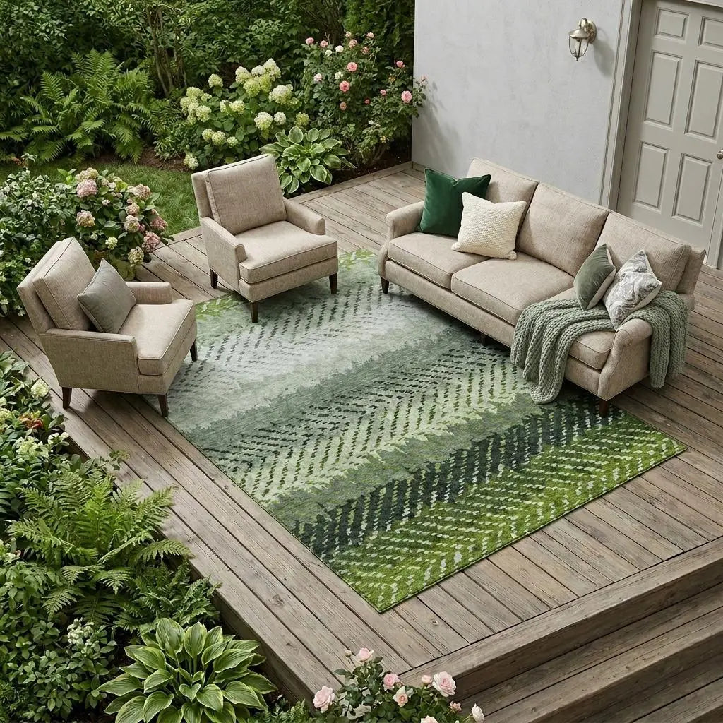 Beige outdoor seating set with green accent pillows on a green ombre area rug in a garden setting.