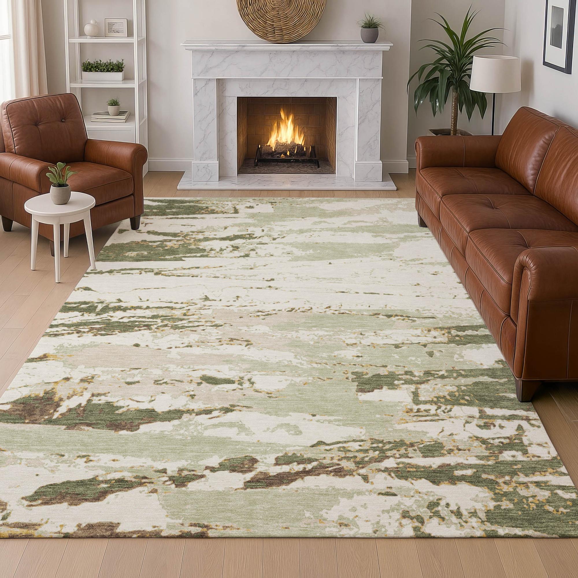 8' X 10' Green And Ivory Abstract Washable Indoor Outdoor Area Rug Homeroots Outdoor