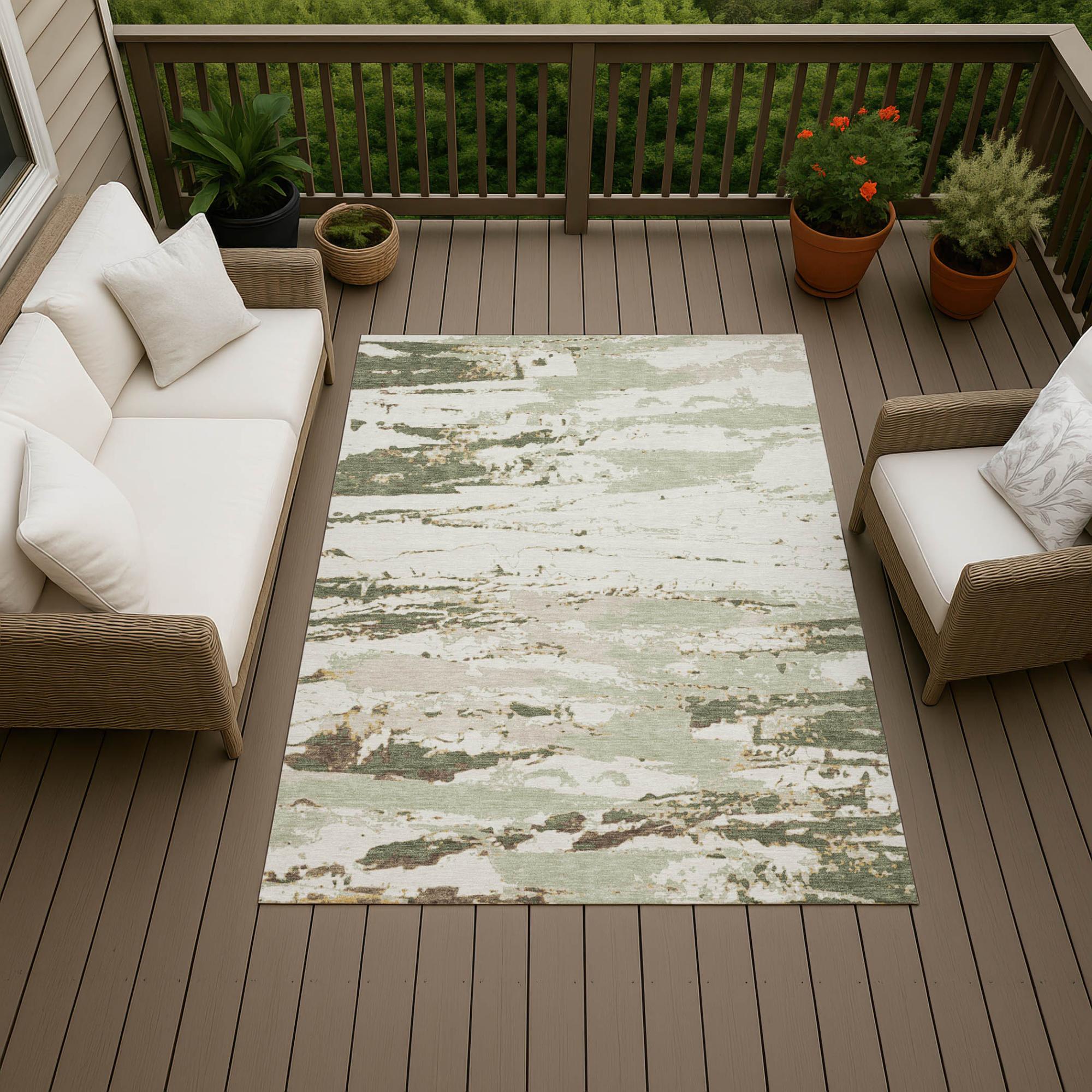 8' X 10' Green And Ivory Abstract Washable Indoor Outdoor Area Rug Homeroots Outdoor