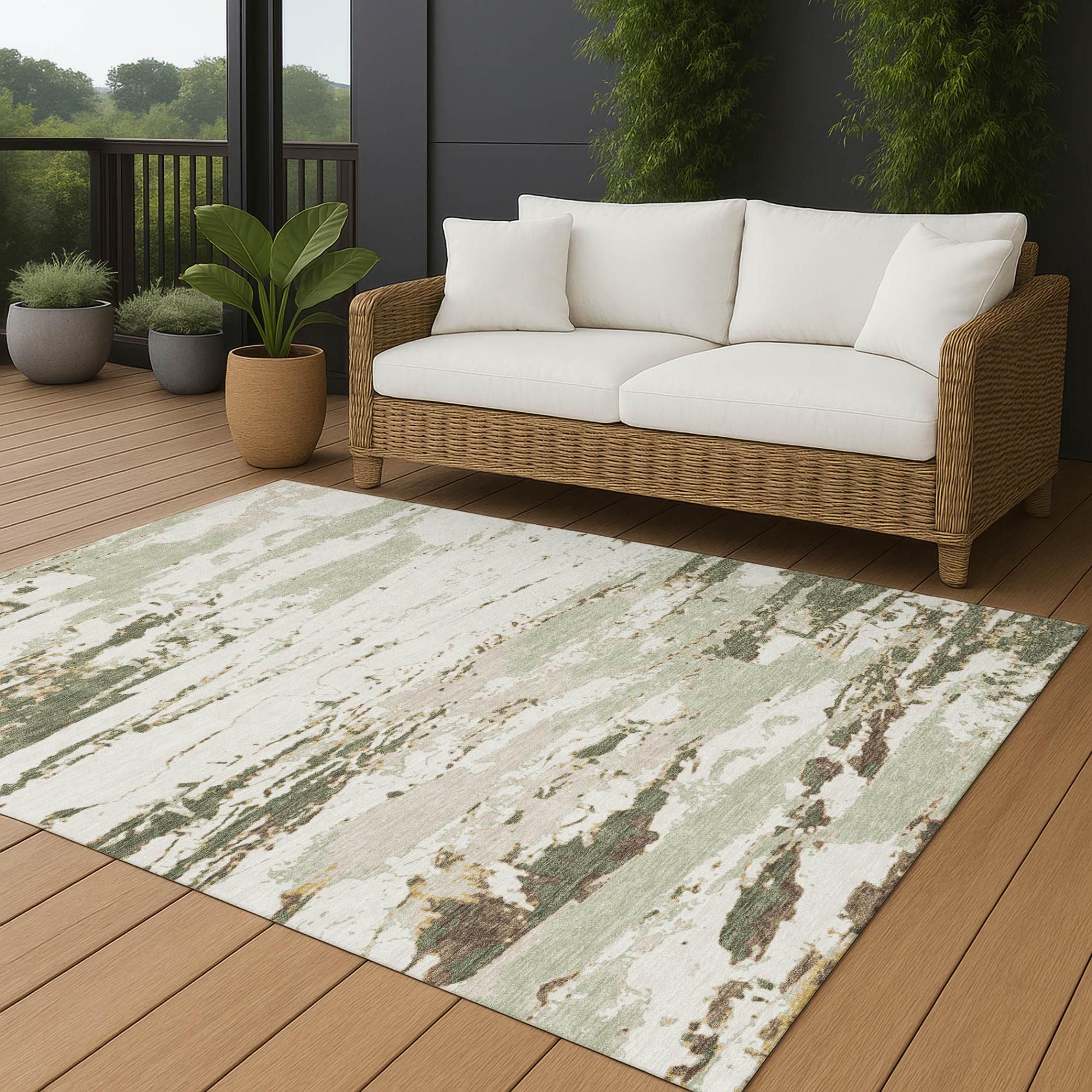 8' X 10' Green And Ivory Abstract Washable Indoor Outdoor Area Rug Homeroots Outdoor