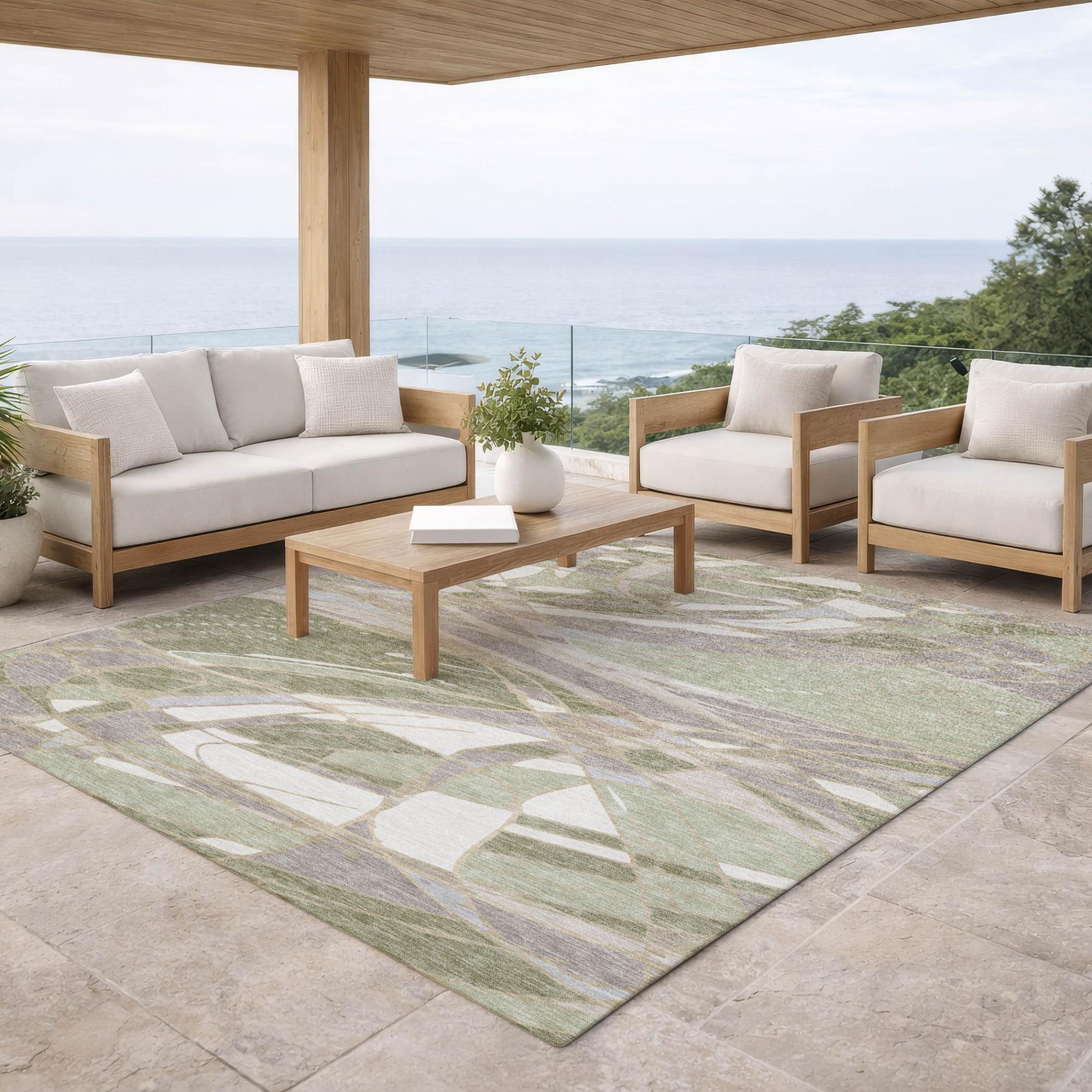 8' X 10' Green And Ivory Abstract Washable Indoor Outdoor Area Rug Homeroots Outdoor