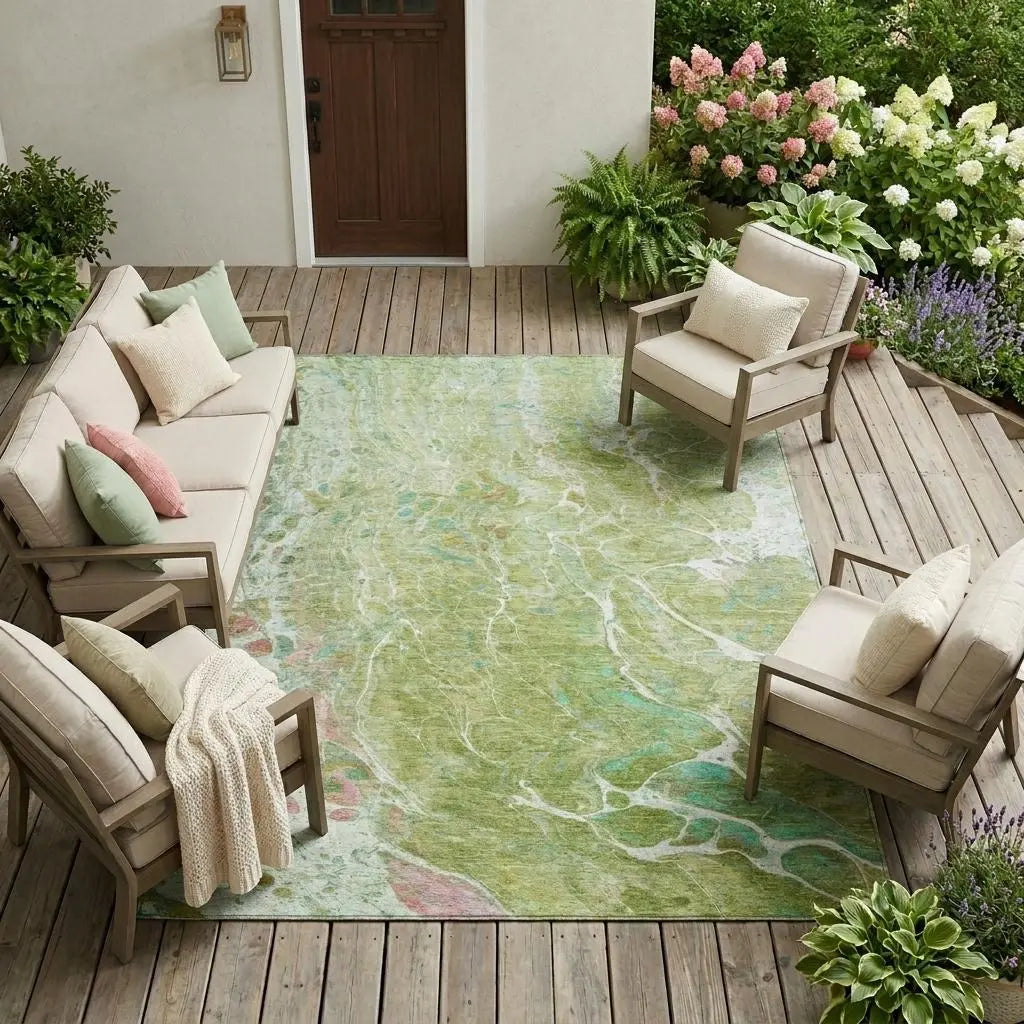 8' X 10' Green And Ivory Abstract Washable Indoor Outdoor Area Rug Homeroots Outdoor