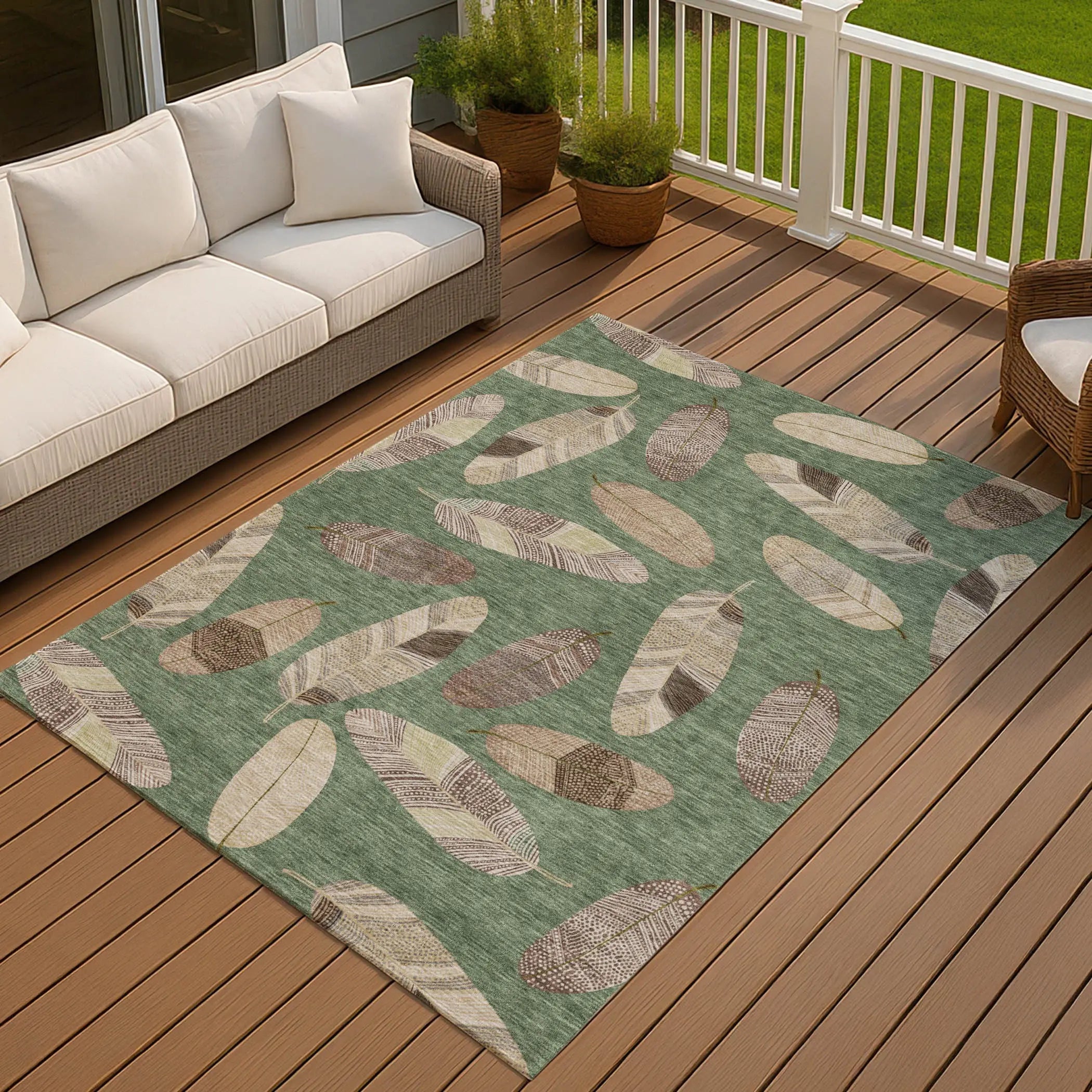 8' X 10' Green And Ivory Botanical Leaves Washable Indoor Outdoor Area Rug Homeroots Outdoor