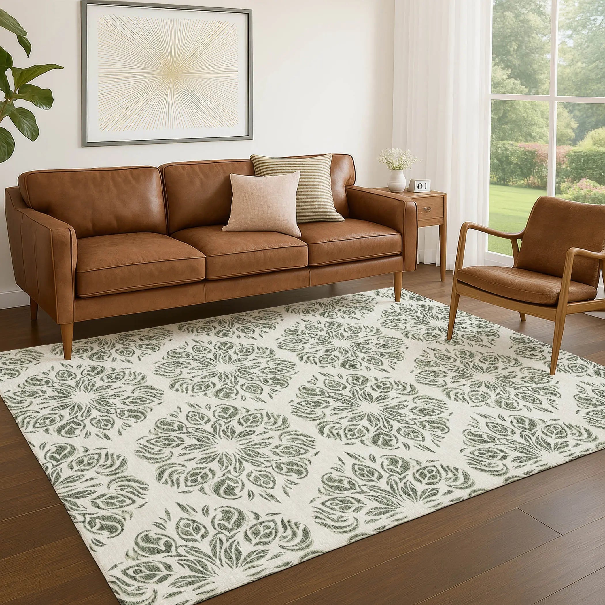 8' X 10' Green And Ivory Damask Washable Indoor Outdoor Area Rug Homeroots Outdoor