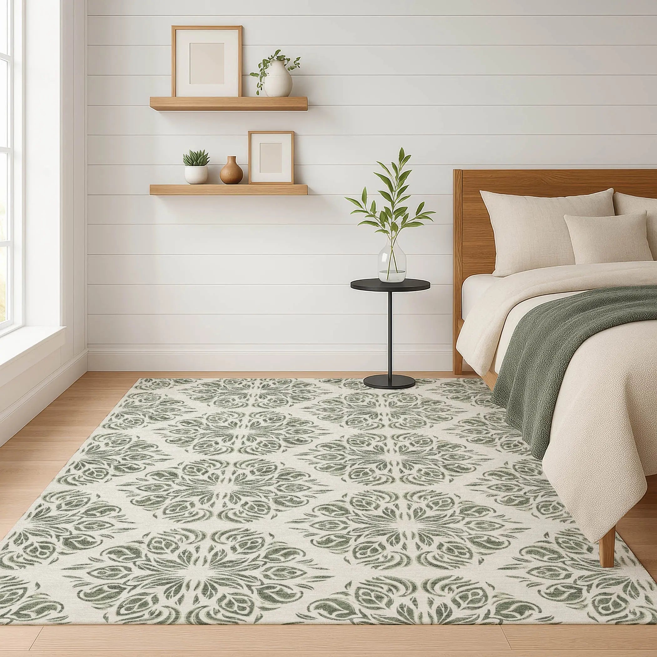 8' X 10' Green And Ivory Damask Washable Indoor Outdoor Area Rug Homeroots Outdoor