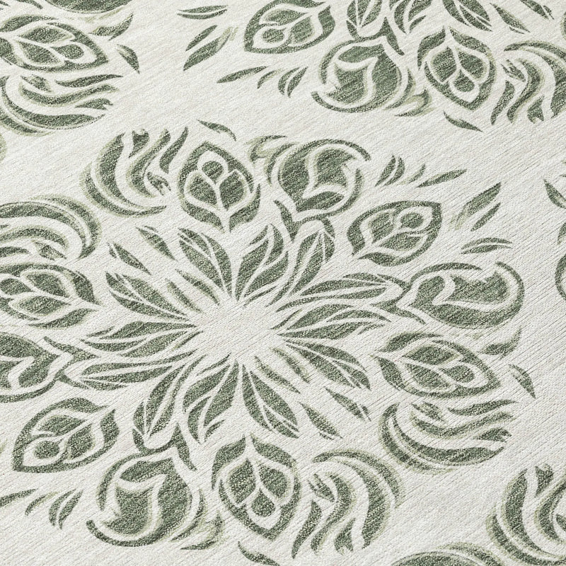 8' X 10' Green And Ivory Damask Washable Indoor Outdoor Area Rug Homeroots Outdoor