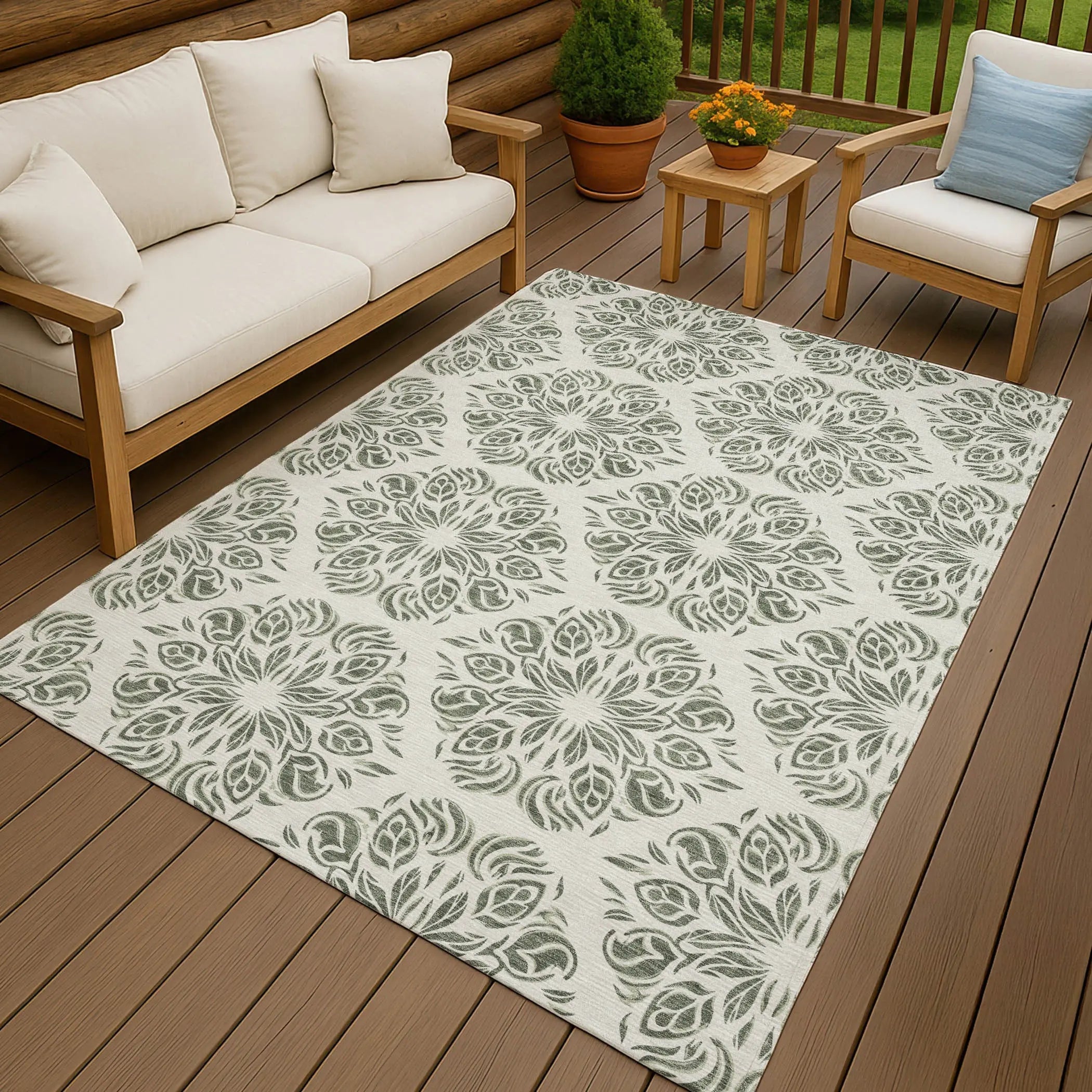 8' X 10' Green And Ivory Damask Washable Indoor Outdoor Area Rug Homeroots Outdoor