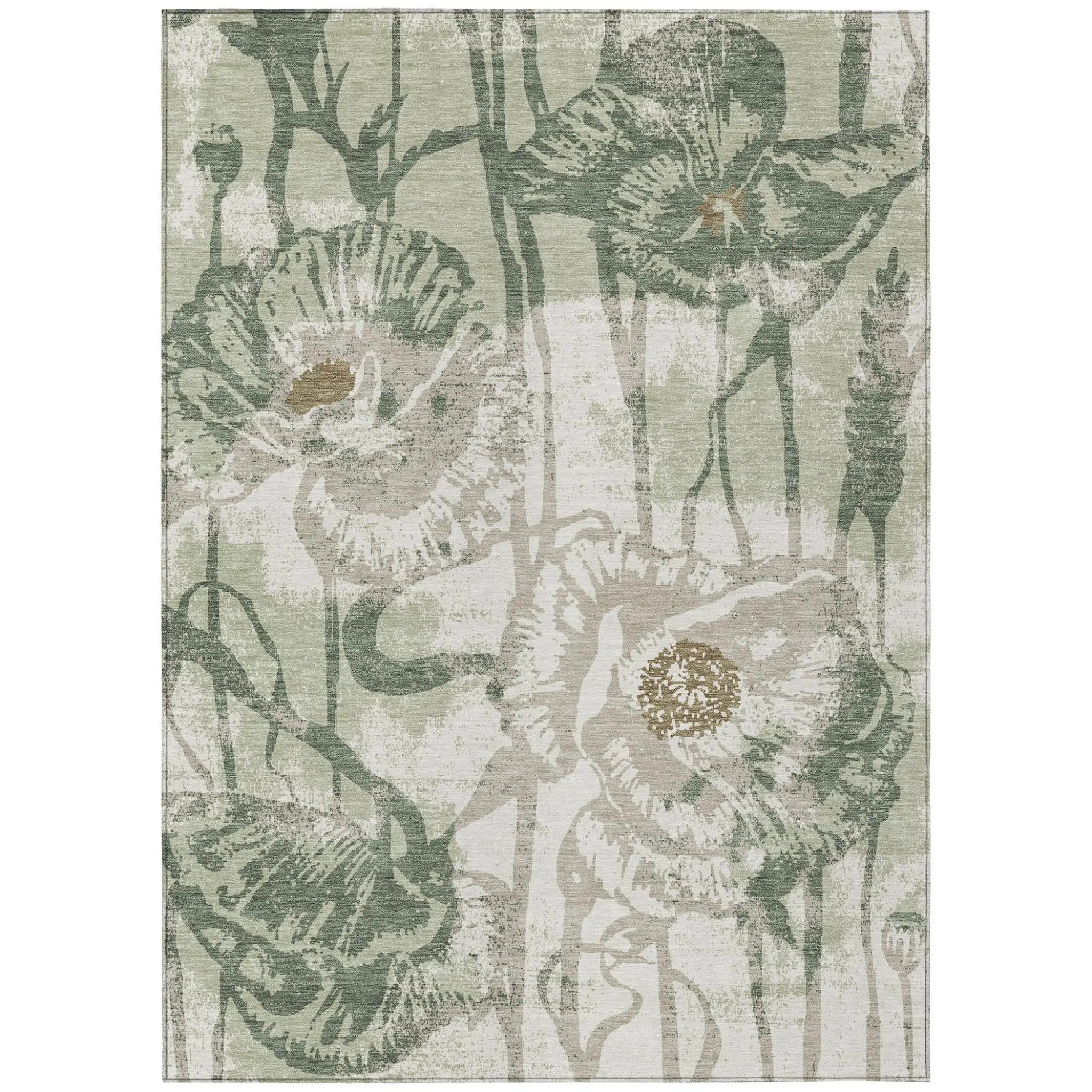 8' X 10' Green And Ivory Floral Washable Indoor Outdoor Area Rug Homeroots Outdoor