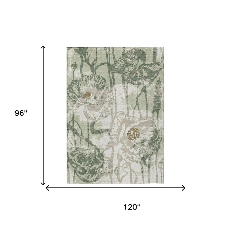 8' X 10' Green And Ivory Floral Washable Indoor Outdoor Area Rug Homeroots Outdoor