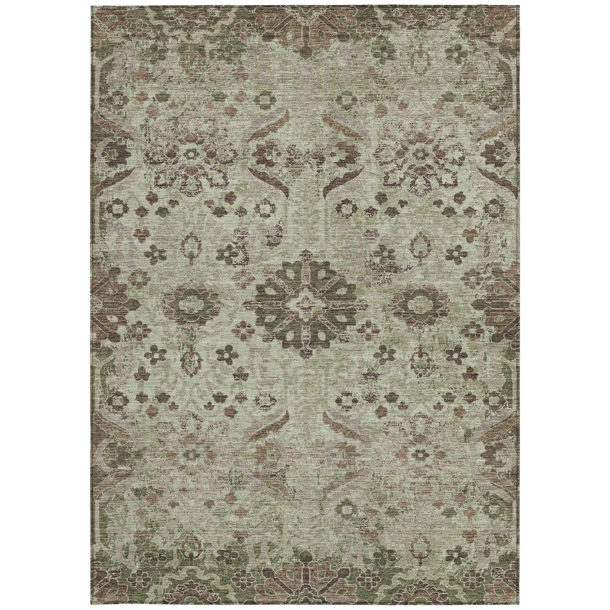 8' X 10' Green And Khaki Damask Washable Indoor Outdoor Area Rug Homeroots Outdoor