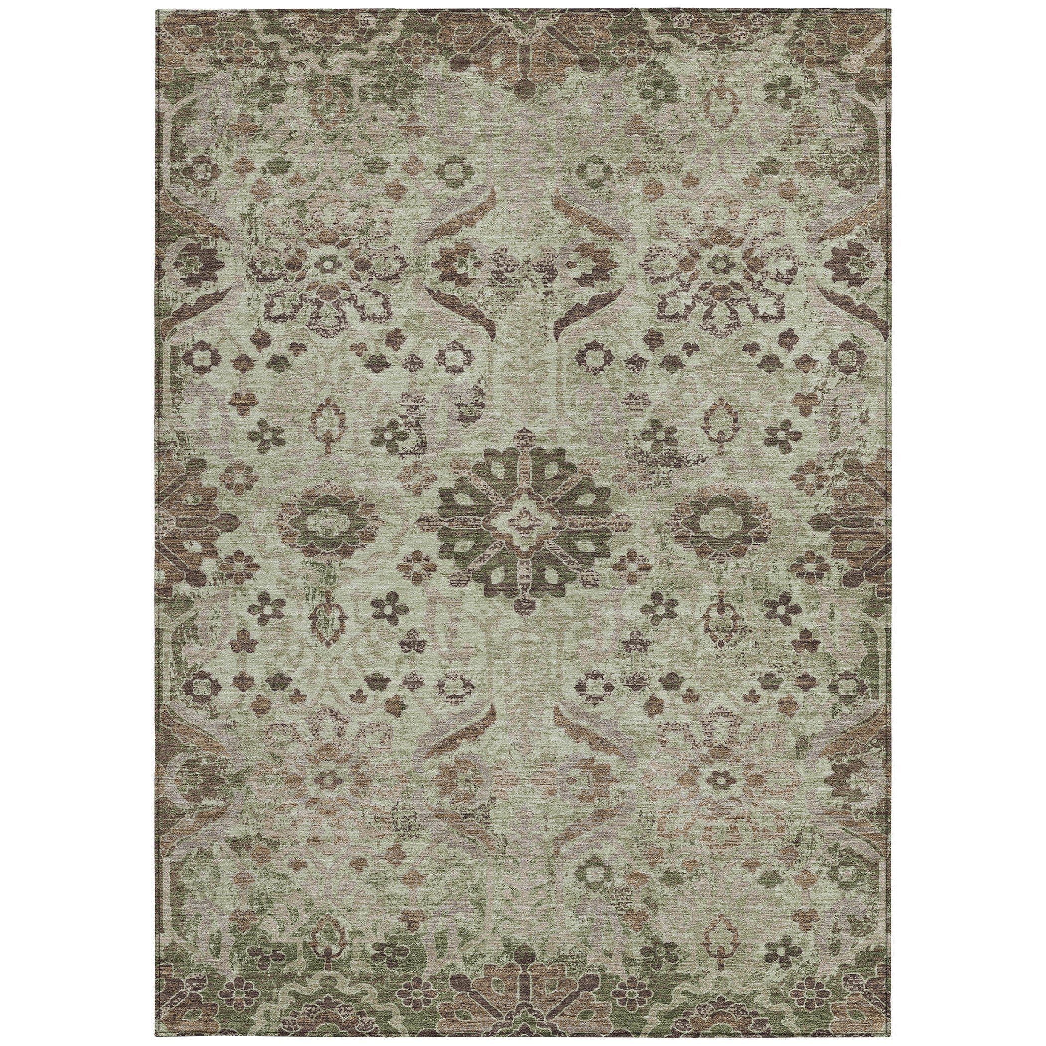 8' X 10' Green And Khaki Damask Washable Indoor Outdoor Area Rug Homeroots Outdoor