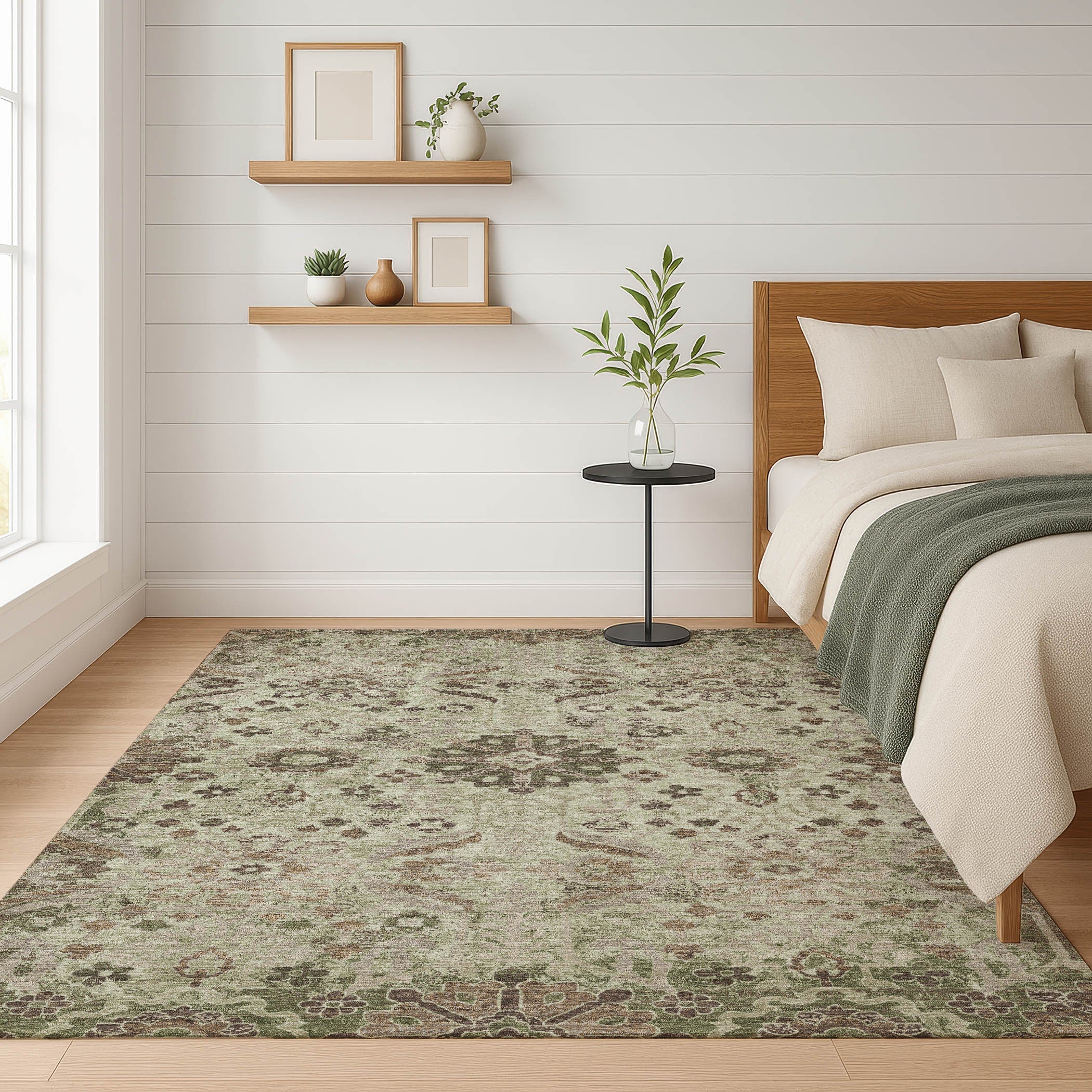 8' X 10' Green And Khaki Damask Washable Indoor Outdoor Area Rug Homeroots Outdoor