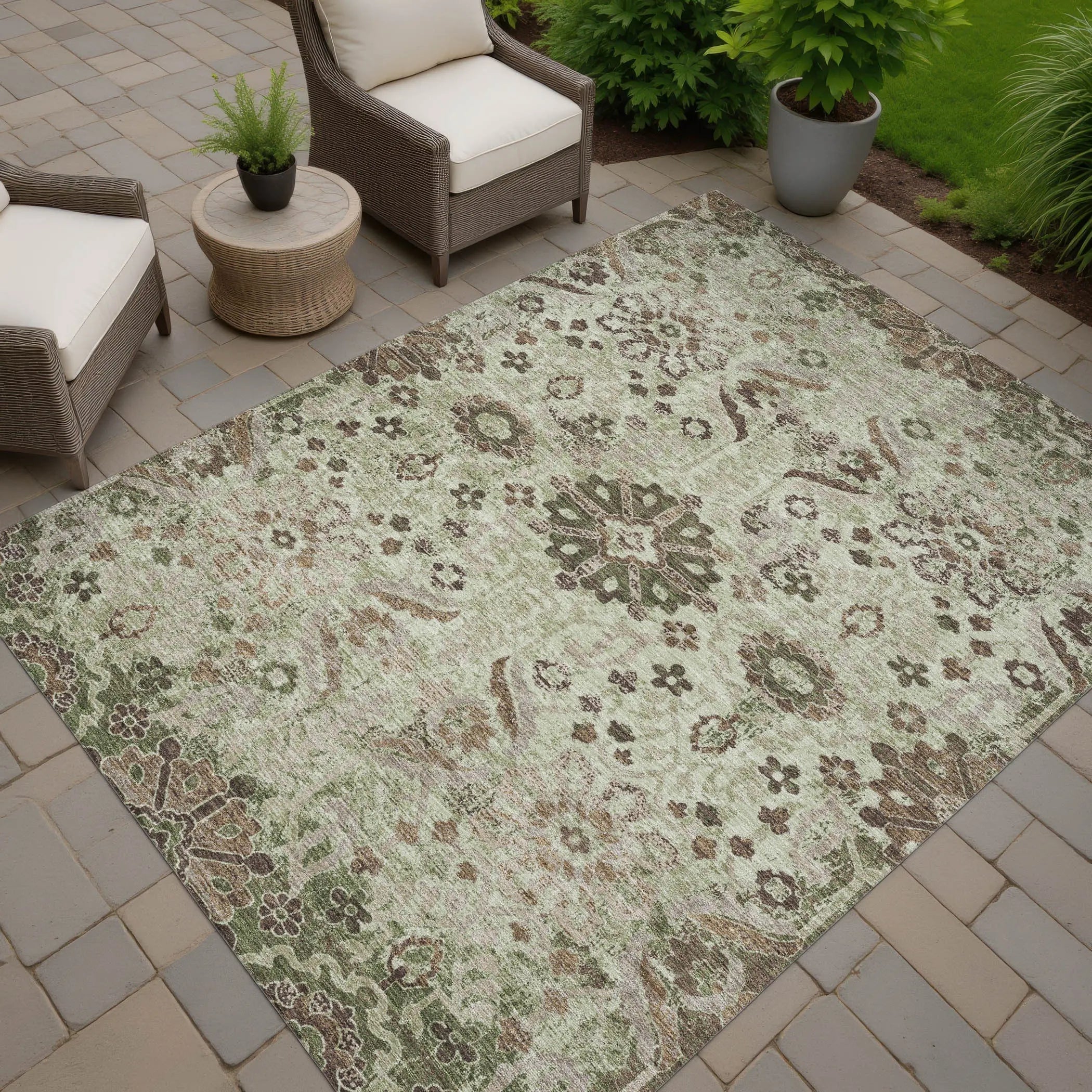 8' X 10' Green And Khaki Damask Washable Indoor Outdoor Area Rug Homeroots Outdoor