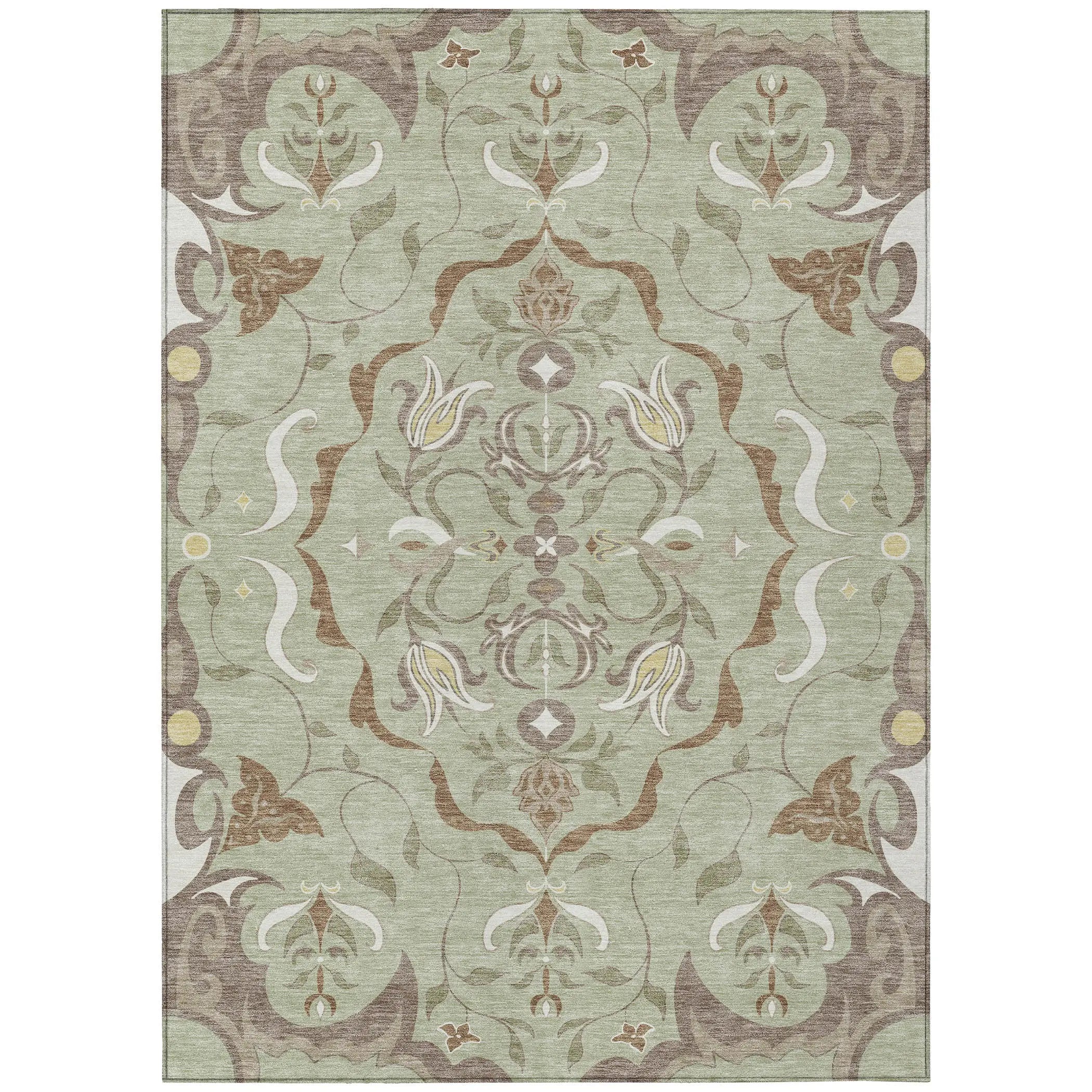 8' X 10' Green And Khaki Damask Washable Indoor Outdoor Area Rug Homeroots Outdoor