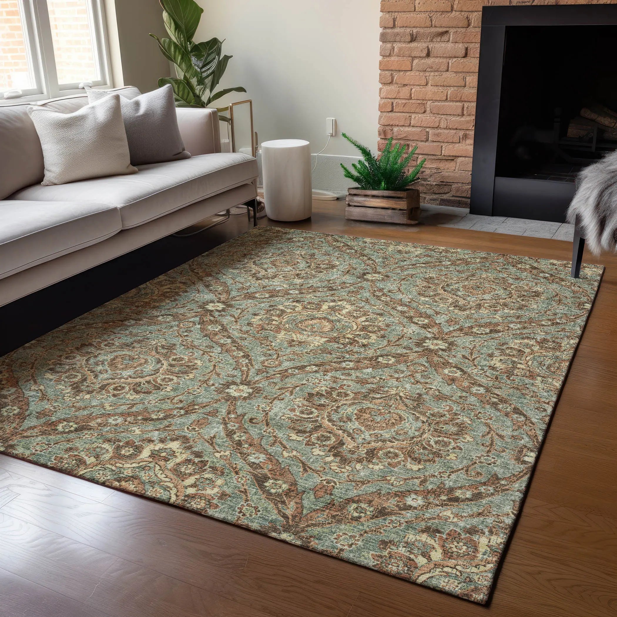 8' X 10' Green And Linen Floral Washable Indoor Outdoor Area Rug Homeroots Outdoor