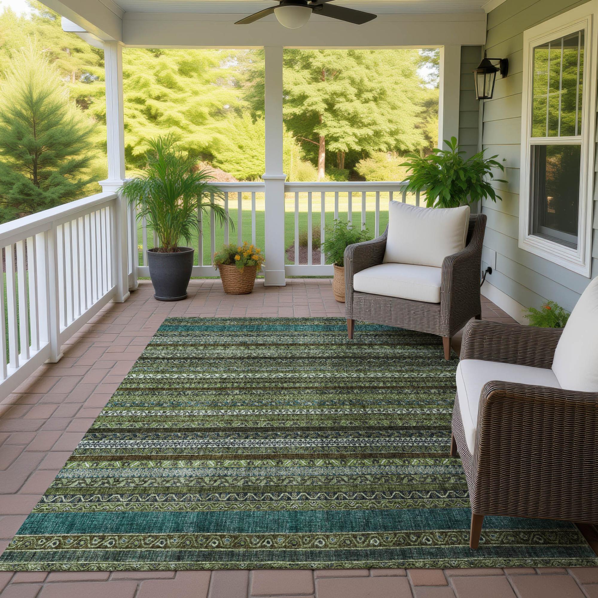8' X 10' Green And Olive Green Striped Washable Indoor Outdoor Area Rug Homeroots Outdoor