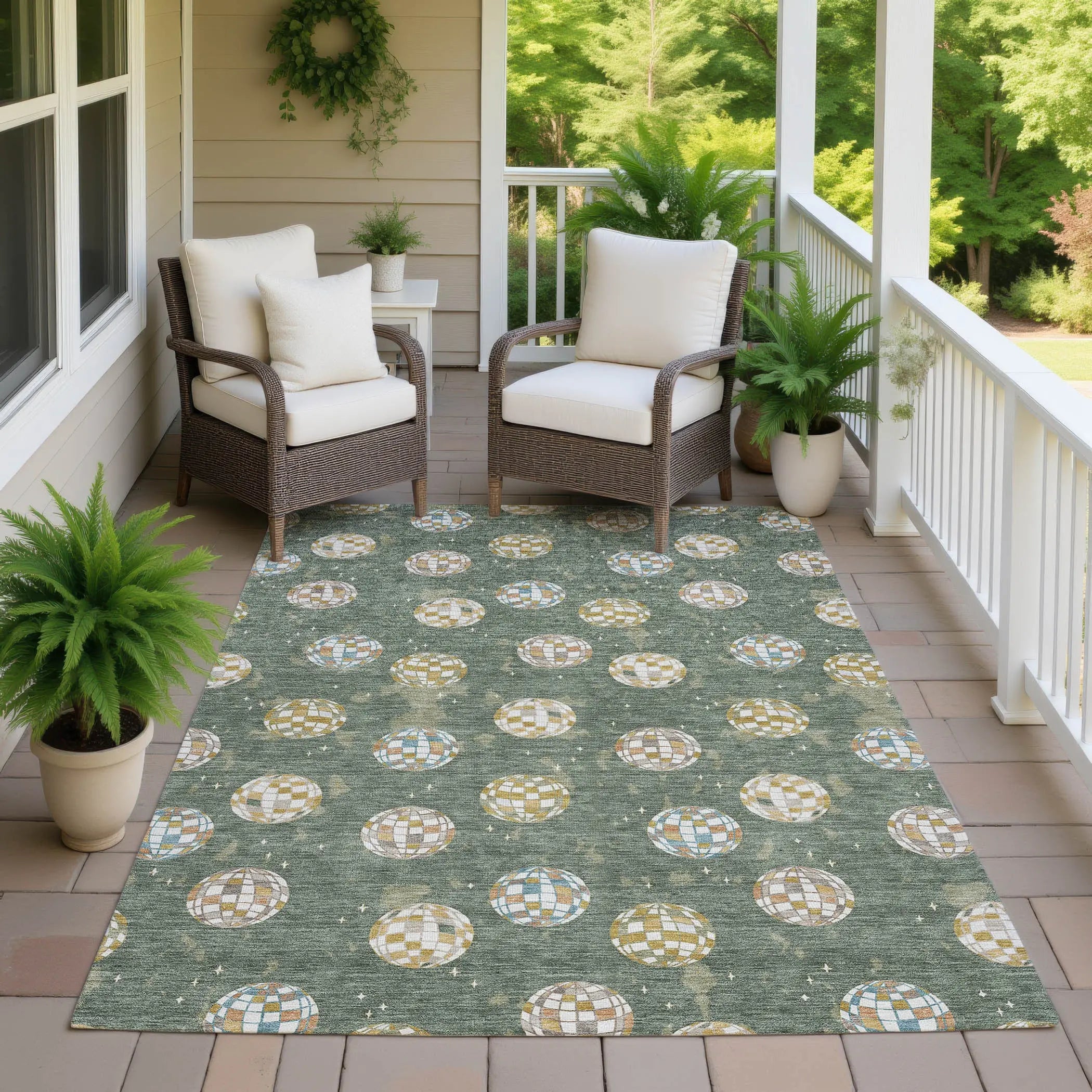 8' X 10' Green And Pearl Geometric Washable Indoor Outdoor Area Rug Homeroots Outdoor