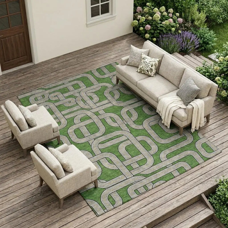8' X 10' Green And Pewter Geometric Washable Indoor Outdoor Area Rug Homeroots Outdoor