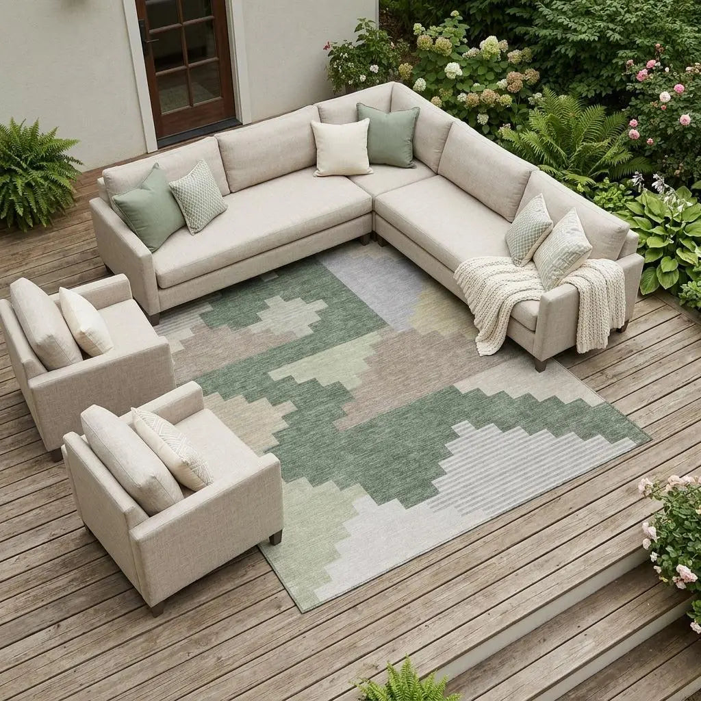 8' X 10' Green And Silver Geometric Washable Indoor Outdoor Area Rug Homeroots Outdoor