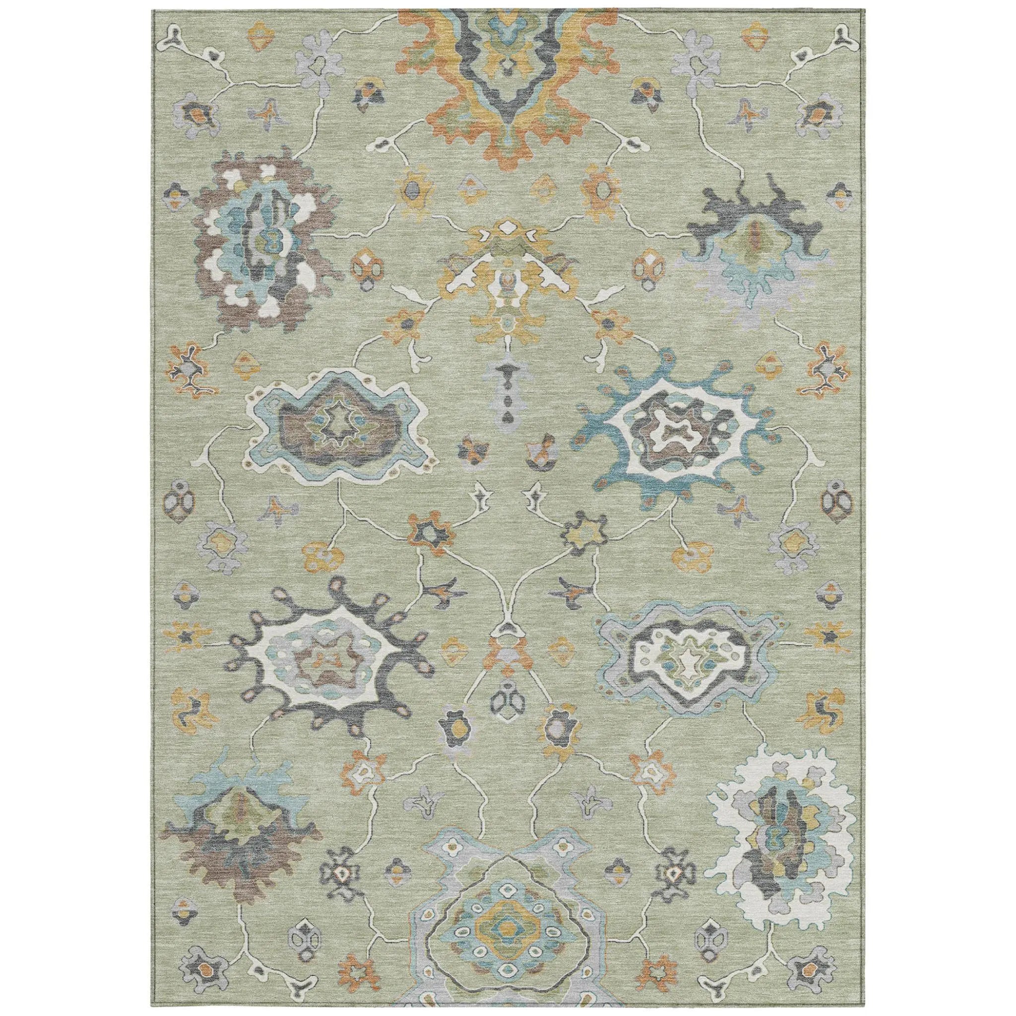 8' X 10' Green And Silver Oriental Washable Indoor Outdoor Area Rug Homeroots Outdoor