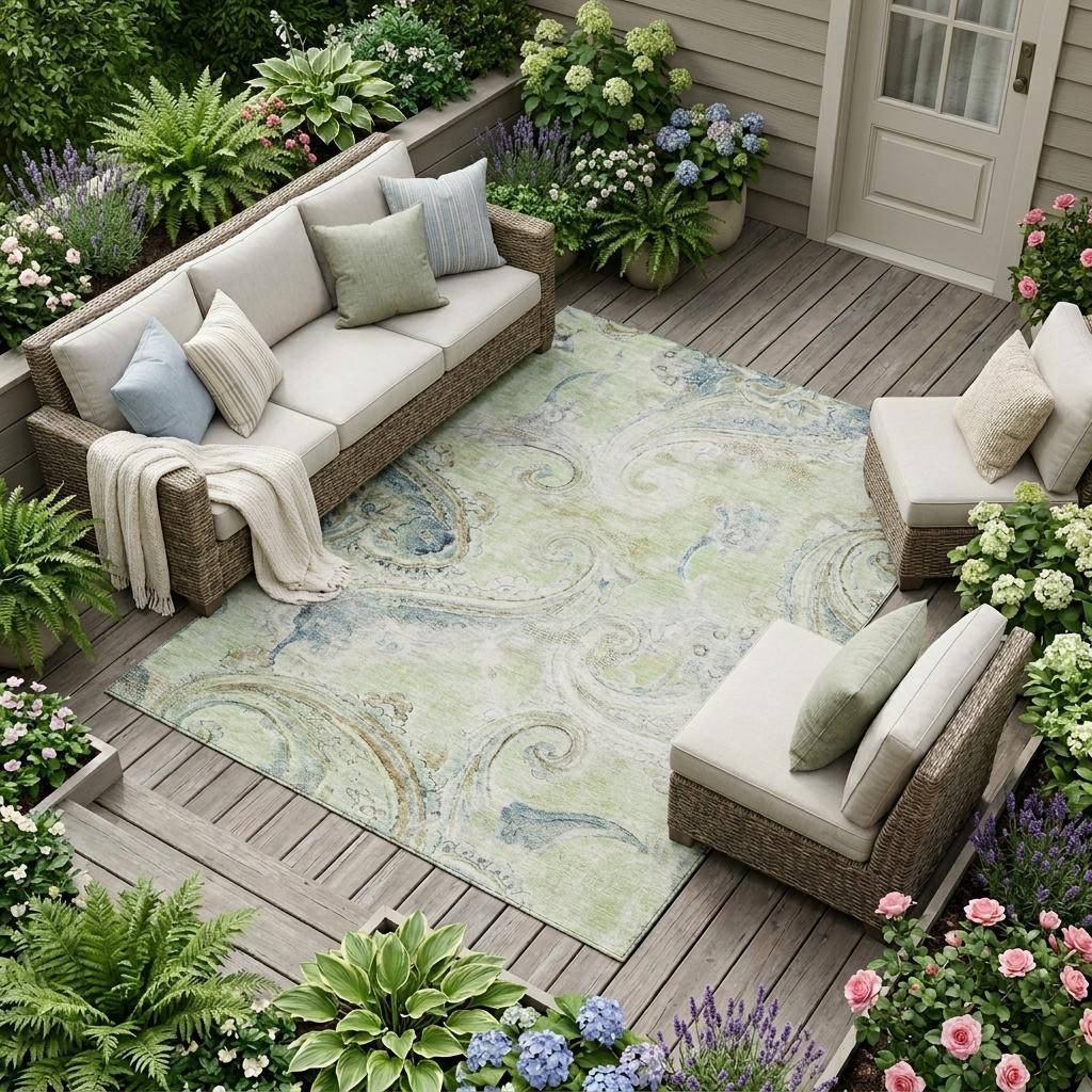 8' X 10' Green And Silver Paisley Washable Indoor Outdoor Area Rug Homeroots Outdoor