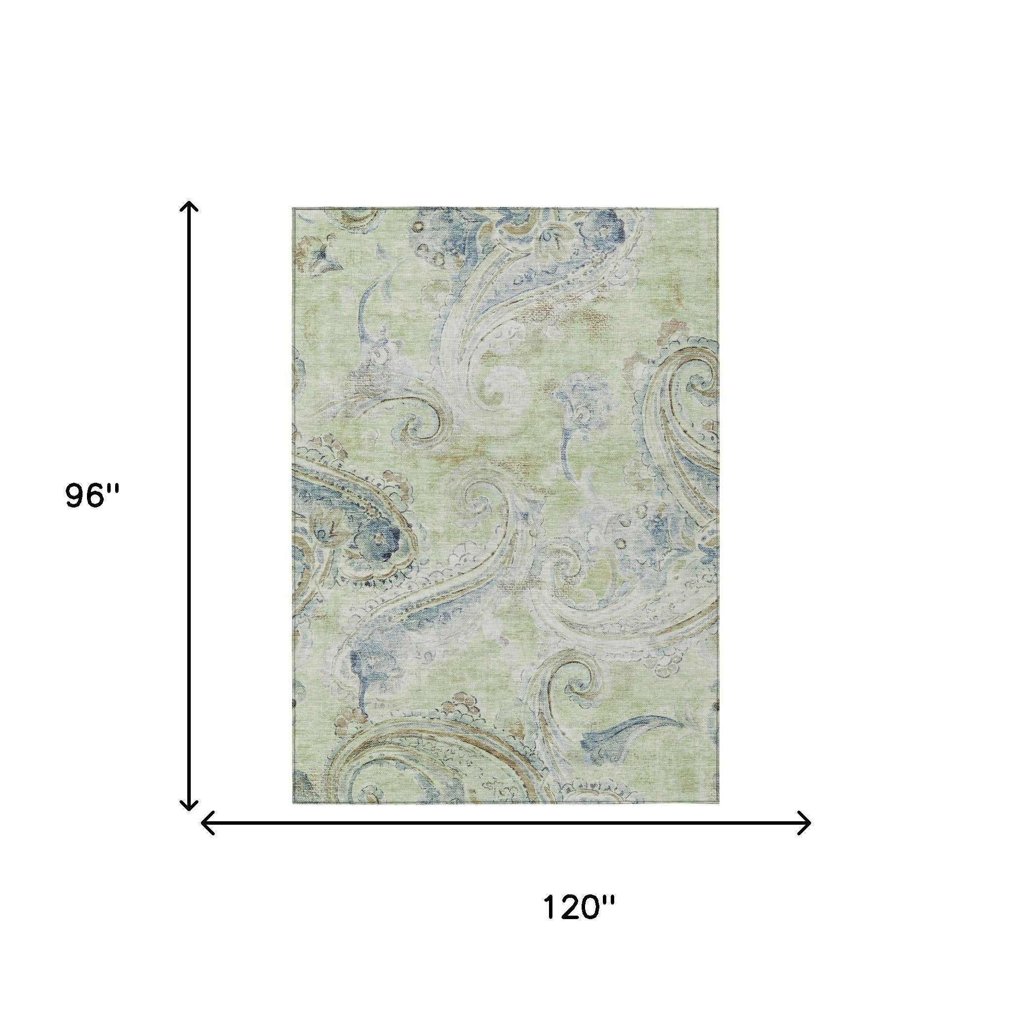 8' X 10' Green And Silver Paisley Washable Indoor Outdoor Area Rug Homeroots Outdoor