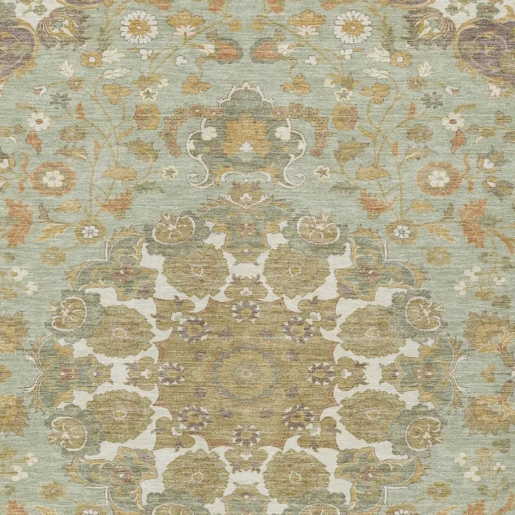 8' X 10' Green And Taupe Damask Washable Indoor Outdoor Area Rug Homeroots Outdoor