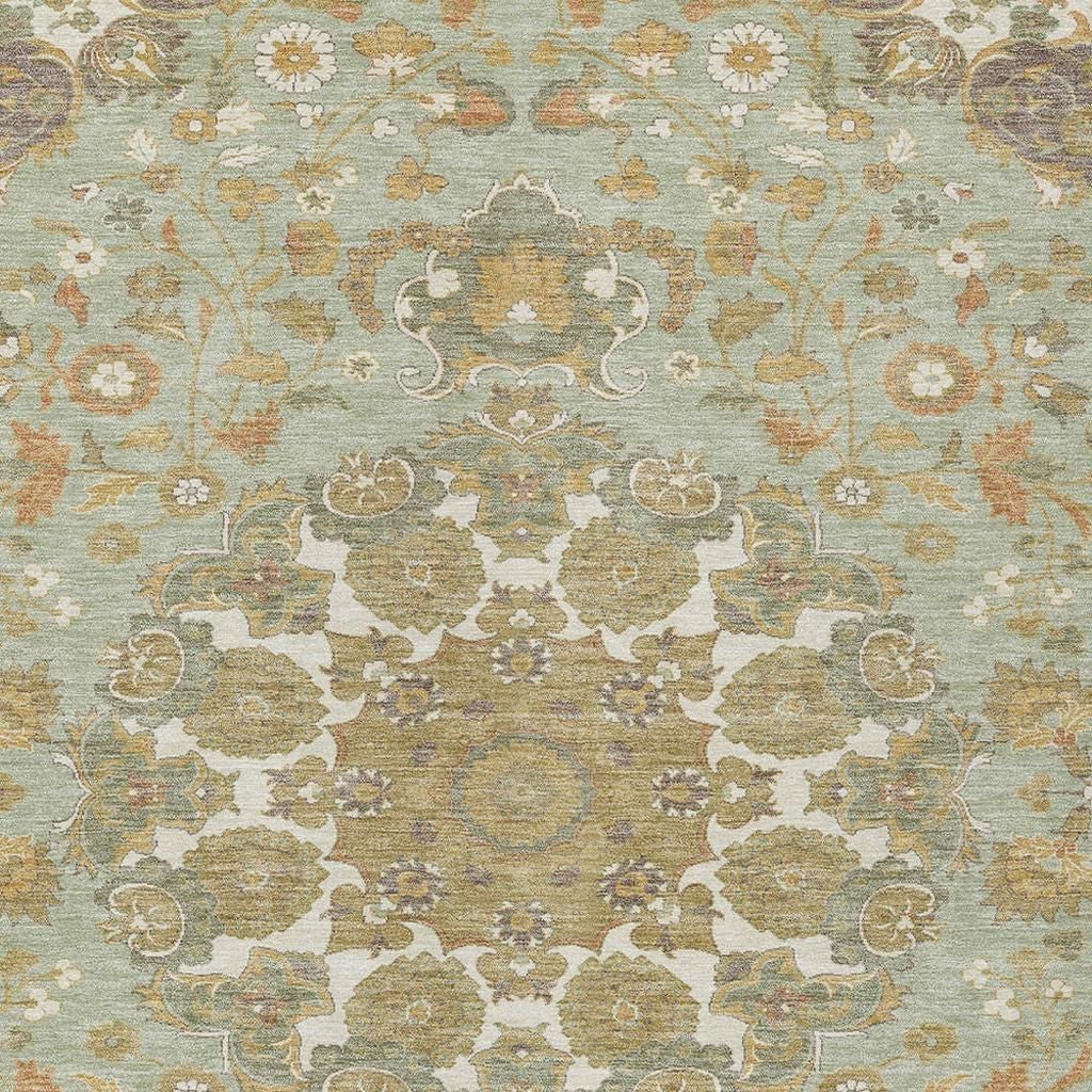 8' X 10' Green And Taupe Damask Washable Indoor Outdoor Area Rug Homeroots Outdoor