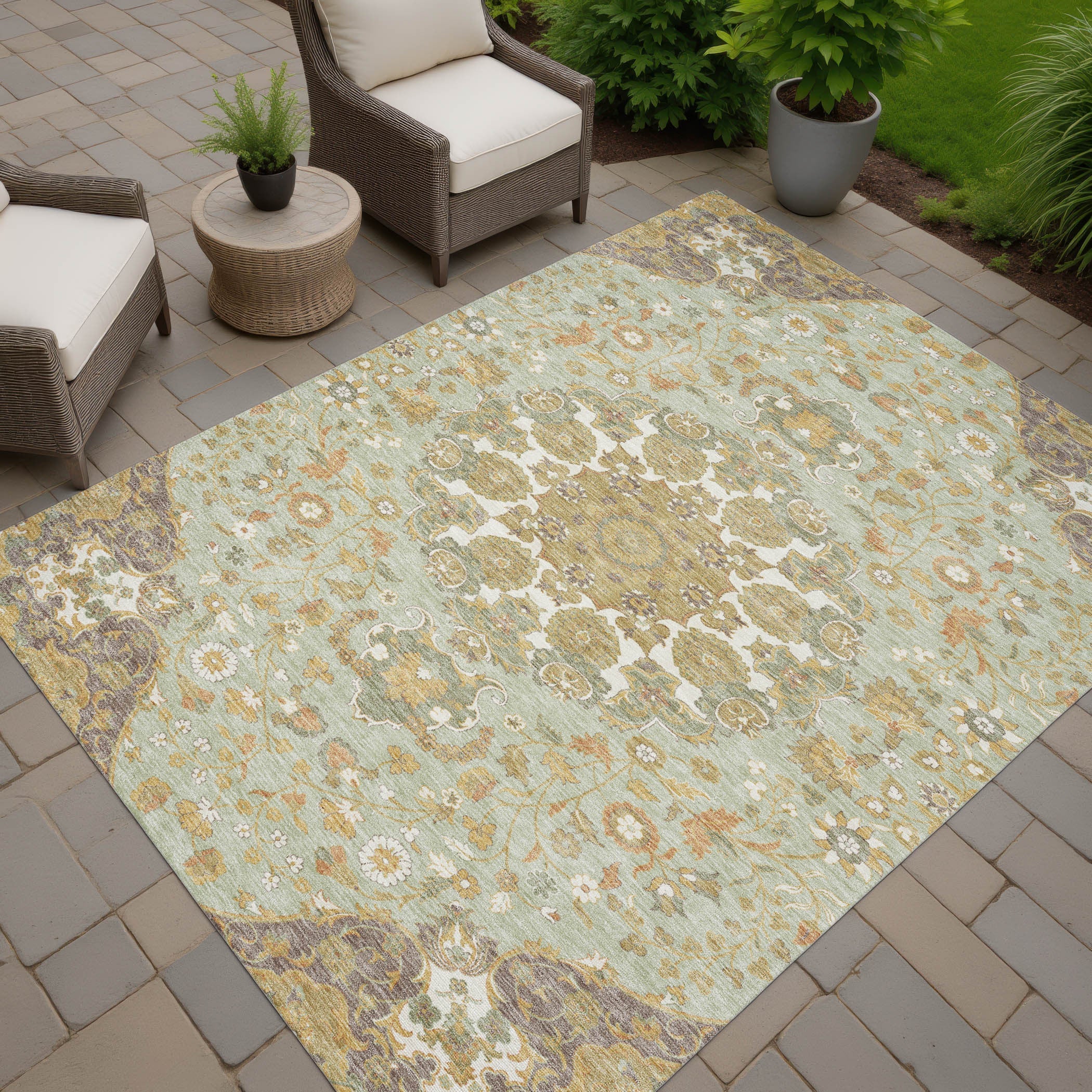 8' X 10' Green And Taupe Damask Washable Indoor Outdoor Area Rug Homeroots Outdoor