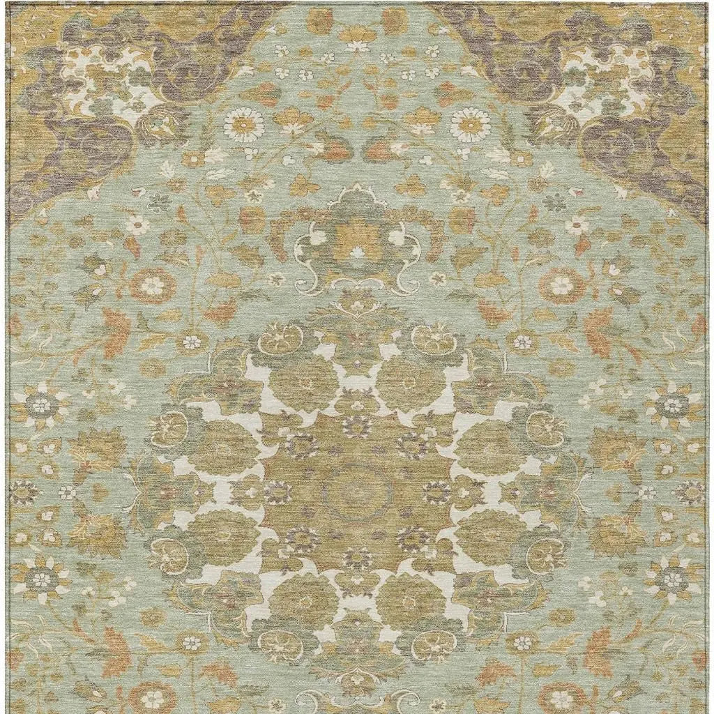 8' X 10' Green And Taupe Damask Washable Indoor Outdoor Area Rug Homeroots Outdoor