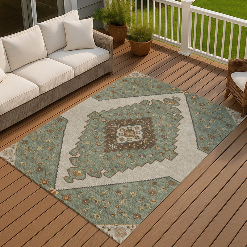 8' X 10' Green And Taupe Geometric Washable Indoor Outdoor Area Rug Homeroots Outdoor