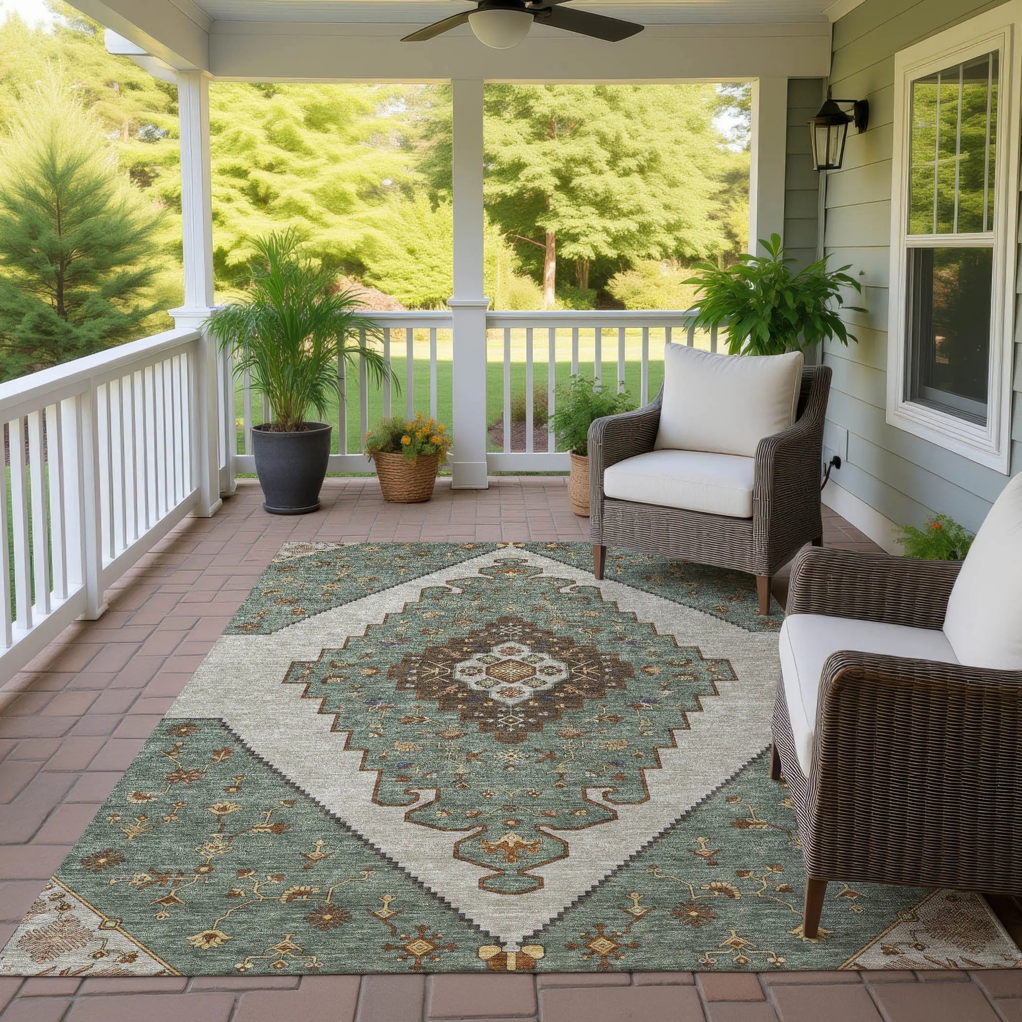 8' X 10' Green And Taupe Geometric Washable Indoor Outdoor Area Rug Homeroots Outdoor