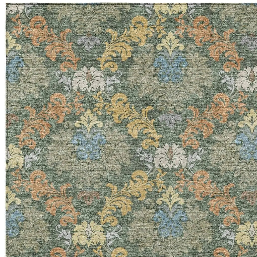 8' X 10' Green And Teal Blue Damask Washable Indoor Outdoor Area Rug Homeroots Outdoor