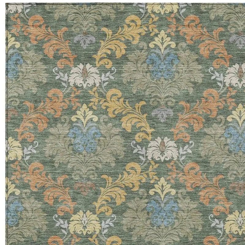 8' X 10' Green And Teal Blue Damask Washable Indoor Outdoor Area Rug Homeroots Outdoor