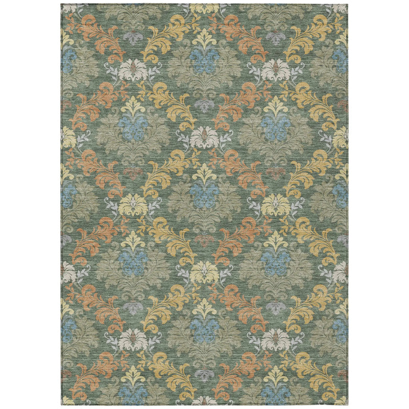 8' X 10' Green And Teal Blue Damask Washable Indoor Outdoor Area Rug Homeroots Outdoor
