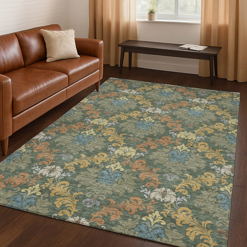 8' X 10' Green And Teal Blue Damask Washable Indoor Outdoor Area Rug Homeroots Outdoor
