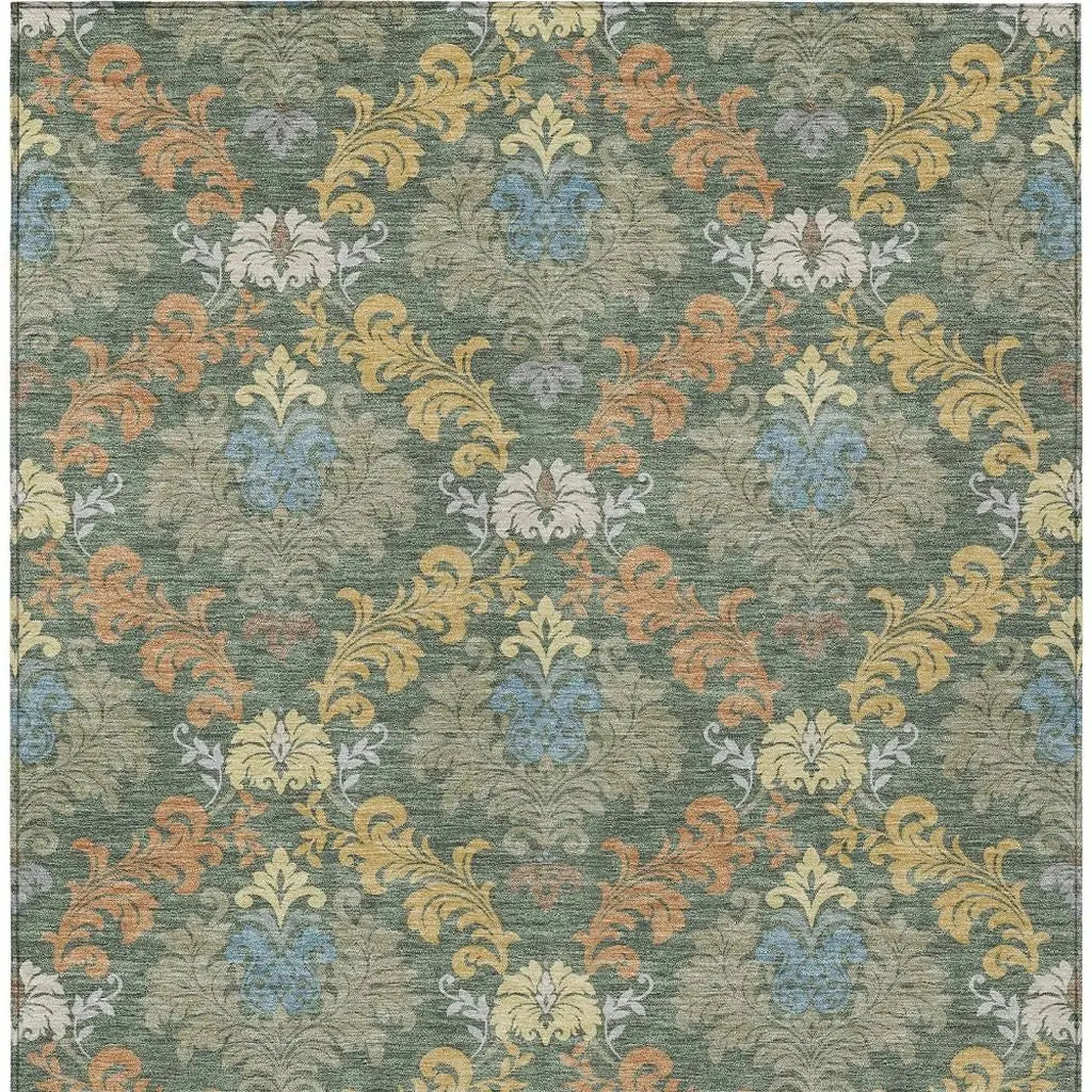 8' X 10' Green And Teal Blue Damask Washable Indoor Outdoor Area Rug Homeroots Outdoor