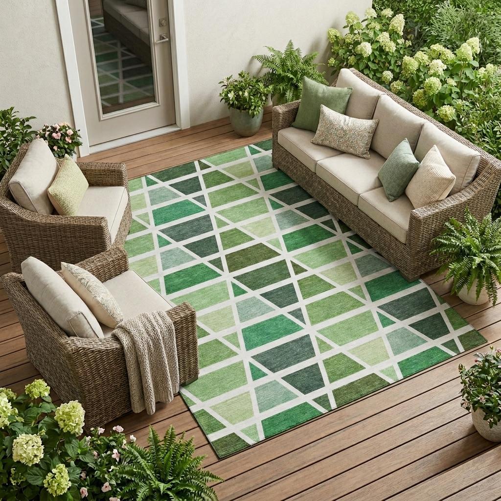 8' X 10' Green And White Geometric Washable Indoor Outdoor Area Rug Homeroots Outdoor