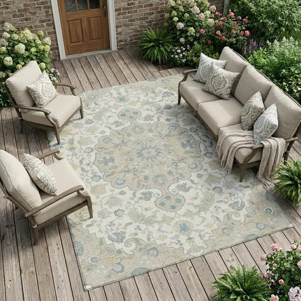 8' X 10' Ivory And Beige Floral Medallion Washable Indoor Outdoor Area Rug Homeroots Outdoor