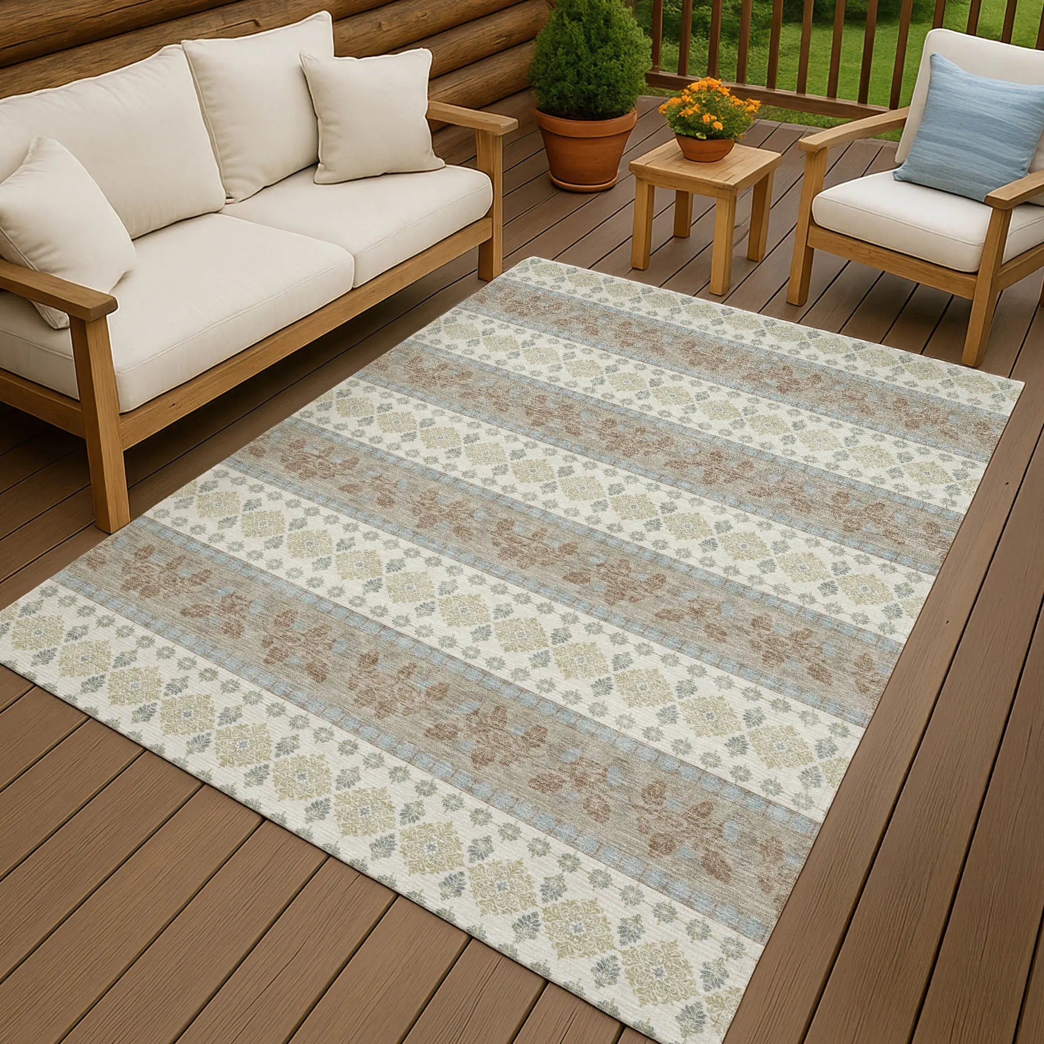 8' X 10' Ivory And Beige Striped Washable Indoor Outdoor Area Rug Homeroots Outdoor